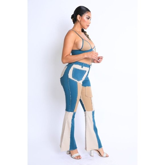 Women's Colorblock Patchwork Cop Top And Matching Pants 2 Piece Set Club Party - Picture 7 of 11